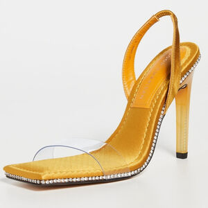 NWT Good American Crystal Crush Satin Lucite Sandal Heels